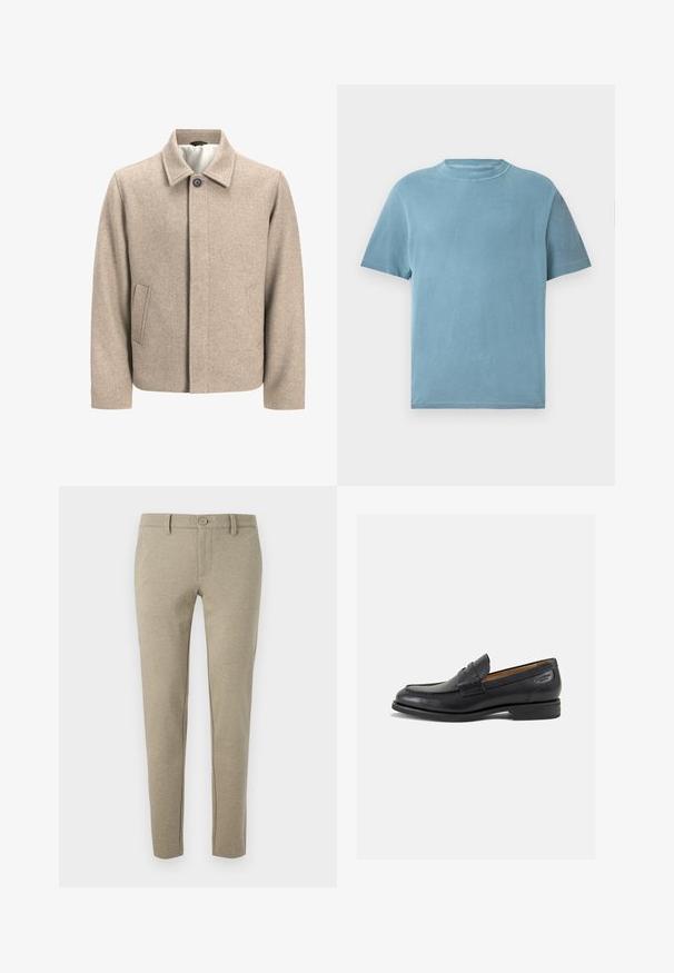 Kreem värvi villane jakk, millel on kaeluses üks must nööp, peidetud esine sulgemine ja kaldus küljetaskud, kaetud kerge kangaga.; Lühikeste varrukatega, ümmarguse kaelusega T-särk helesinisest puuvillast. Kanga peal on pehme tunne, sile tekstuur ja minimaalne õmblustetail.; Bežid püksid, mis on valmistatud tekstuurilisest materjalist, nuppe sulgev ja kitsenevate jalgadega, külgpockets ja diskreetne õmblemine.; Mustad mustad nahast loafers, sujuva viimistlusega, ümar sirge ja dekoratiivne tikand peal. Madal ja kergelt kuhjatud konts ning kerge läige.
