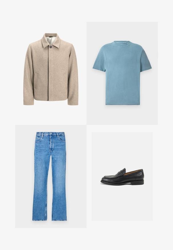 Šviesiai rudos vilnos švarkas su viena juoda kniedėle ant apykaklės, paslėptu priekiu ir šoninėmis kišenėmis, išklotas šviesiu audiniu.; Šviesiai mėlynas medvilninis marškinėliai trumpomis rankovėmis su apvalia iškirpte. Audinys atrodo minkštas, turi lygų paviršių ir minimalų siuvimo detalių kiekį.; Mėlyni tiesaus silueto džinsai, pagaminti iš džinsinio audinio su išblukusiu wash. Yra mygtukų uždarymas, diržo kilpos ir standartinis penkių kišenių dizainas.; Juodi odiniai loafersai su lygiu paviršiumi, apvaliu pirštu ir dekoratyvine siūlė viršuje. Žemas sustiprintas kulnas ir lengvas blizgesys.