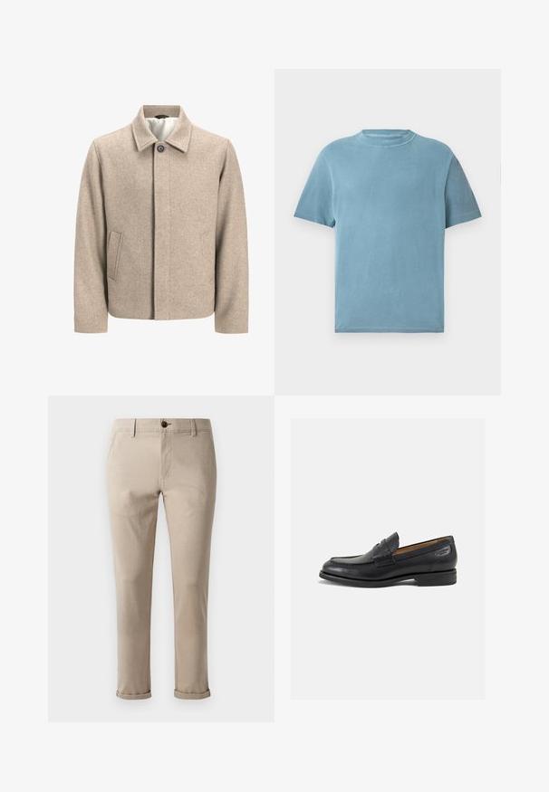 Beige uldjakke med en enkelt sort knap ved kraven, skjult frontlukning og skrå sidelommer, foret med let stof.; Kortærmet T-shirt med rund hals i lys blå bomuld. Stoffet ser blødt ud med en glat tekstur og minimal syning.; Jack & Jones STMARCO FURY NOOS - Chino - atmosphere; Sorte læder loafers med en glat finish, rund tå og dekorativ syning på vampen. Lav stablet hæl og let glans.