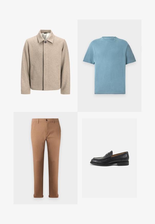 Chaqueta de lana beige con un solo botón negro en el cuello, cierre frontal oculto y bolsillos laterales inclinados, forrada con una tela ligera.; Camiseta de algodón de manga corta y cuello redondo en color azul claro. La tela parece suave, con una textura lisa y un mínimo detalle de costura.; Pantalones de algodón marrones de corte recto, con cierre de botón en la parte frontal, trabillas para cinturón y dobladillos enrollados en el bajo.; Mocasines de cuero negro con un acabado suave, punta redondeada y costuras decorativas en la parte superior. Tacón bajo apilado y un ligero brillo.