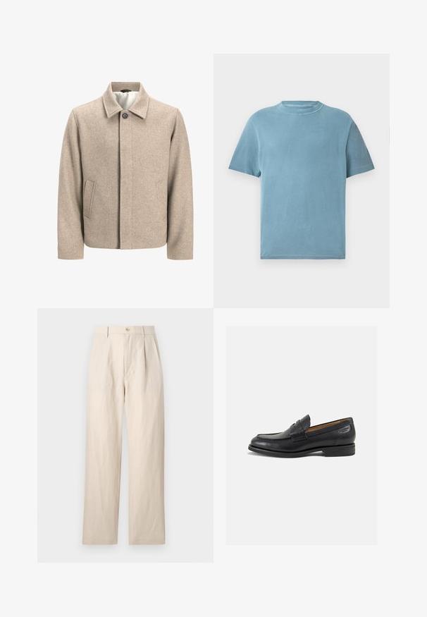 Béžový vlnený kabát s jedným čiernym gombíkom pri golieri, skrytým predným zapínaním a šikmými bočnými vreckami, podšitý svetlou tkaninou.; Tričko s krátkym rukávom a okrúhlym výstrihom vo svetlomodrej farbe z bavlny. Tkanina pôsobí jemne s hladkým povrchom a minimálnymi švovými detailmi.; Bežové ľanové nohavice so voľným strihom, s plochým predným dielom, jediným gombíkovým zapínaním a dvoma vreckami. Zvrásnená textúra dodáva detail.; Čierne kožené mokasíny s hladkým povrchom, zaoblenou špičkou a dekoratívnym prešívaním na prednej časti. Nízky kokteilový opätok a jemný lesk.