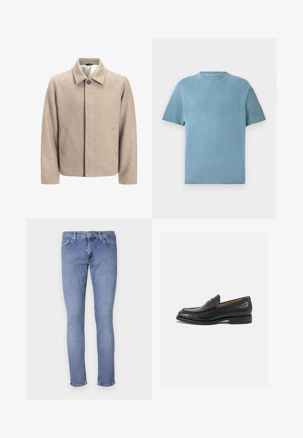 Jachetă bej din lână cu un singur buton negru la guler, închidere frontală ascunsă și buzunare laterale înclinate, căptușită cu un material ușor.; Tricou cu mânecă scurtă și guler rotund, de culoare albastru deschis, din bumbac. Țesătura pare moale, cu o textură netedă și detalii de cusătură minime.; Jeans din denim de un albastru deschis, cu o croială slim. Prezintă cinci buzunare, un închidere cu buton în față și detalii de cusătură minimale. Textură netedă.; Mocasini din piele neagră cu o finisare netedă, vârf rotund și cusături decorative pe partea superioară. Toc mic și stivuit, cu o ușoară strălucire.