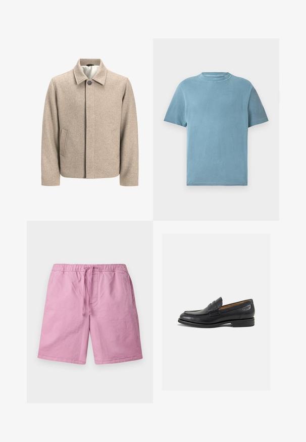 Beige wool jacket with a single black button at the collar, concealed front closure, and slanted side pockets, lined with light fabric.; Short-sleeve, crew-neck t-shirt in light blue cotton. The fabric appears soft with a smooth texture and minimal stitching detail.; Light pink shorts made of a soft material, featuring an elastic waistband with a drawstring, and side pockets. Straight-cut legs, no patterns.; Black leather loafers with a smooth finish, rounded toe, and decorative stitching on the vamp. Low stacked heel and slight shine.