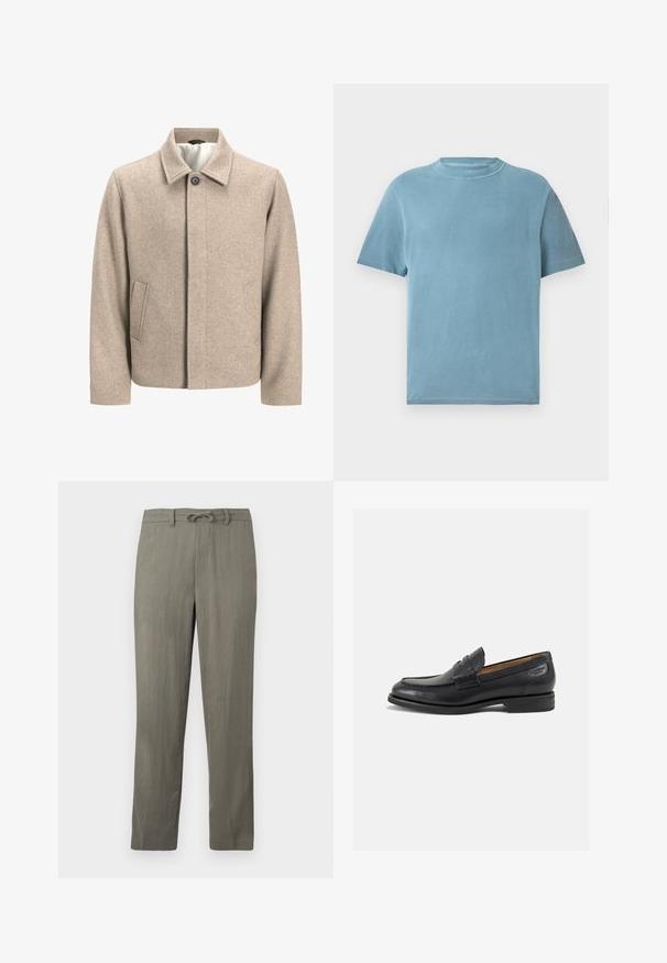 Beige villatakki, jossa on yksi musta nappi kauluksessa, piilotettu etusulku ja viistot sivutaskut, vuorattu kevyellä kankaalla.; Vaaleansininen lyhythihainen t-paita, jossa on pyöreä kaula-auko. Kangas vaikuttaa pehmeältä, sileäpintaiselta ja siinä on minimaalista ommeltua yksityiskohtaa.; Miesten vaaleanharmaat, pellavasekoitekankaat, joissa on nyörivyötärö, suorat lahkeet ja hienovarainen rakenne; varustettu tavallisilla taskuilla ilman huomattavia kuvioita.; Mustat nahkaloaferit, joissa on sileä pinta, pyöreä varvas ja koristeompeleet varpaansuojassa. Matala pinottu korko ja hieno kiilto.