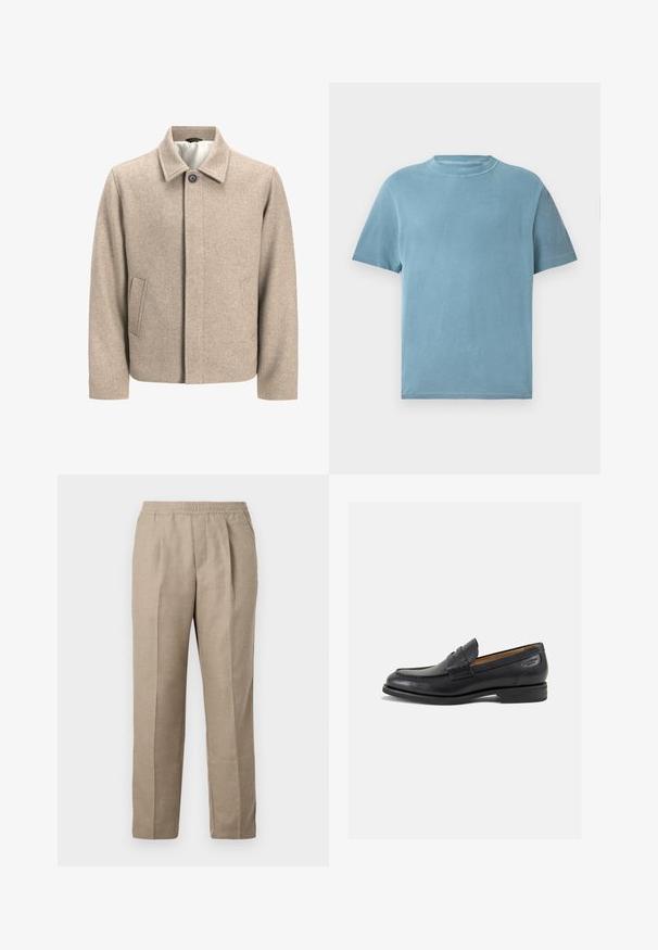 Jachetă bej din lână cu un singur buton negru la guler, închidere frontală ascunsă și buzunare laterale înclinate, căptușită cu un material ușor.; Tricou cu mânecă scurtă și guler rotund, de culoare albastru deschis, din bumbac. Țesătura pare moale, cu o textură netedă și detalii de cusătură minime.; Pantaloni bej, cu croială largă, cu talie elastică, picioare drepte și două pliu-uri frontale. Fabricati dintr-un material texturat, țesut.; Mocasini din piele neagră cu o finisare netedă, vârf rotund și cusături decorative pe partea superioară. Toc mic și stivuit, cu o ușoară strălucire.
