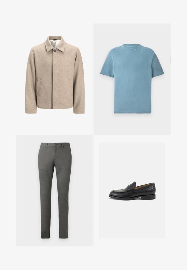 Μπεζ μάλλινο σακάκι με ένα μόνο μαύρο κουμπί στον γιακά, κρυφή μπροστινή σφράγιση και λοξά πλάγια τσέπες, επενδυμένο με ελαφρύ ύφασμα.; T-shirt κοντομάνικο, με στρογγυλή λαιμόκοψη, σε απαλό μπλε βαμβάκι. Το ύφασμα φαίνεται μαλακό με λεία υφή και ελάχιστες ραφές.; Γκρι ραμμένα παντελόνια με υφή, εφαρμοστό σχέδιο, μπροστινές τσέπες και ένα κουμπί κλεισίματος στη μέση.; Μαύρα δερμάτινα loafers με λείο φινίρισμα, στρογγυλή μύτη και διακοσμητική ραφή στη μπροστινή πλευρά. Χαμηλός σωρός και ελαφριά γυαλάδα.