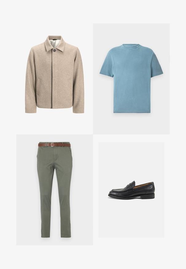 Μπεζ μάλλινο σακάκι με ένα μόνο μαύρο κουμπί στον γιακά, κρυφή μπροστινή σφράγιση και λοξά πλάγια τσέπες, επενδυμένο με ελαφρύ ύφασμα.; T-shirt κοντομάνικο, με στρογγυλή λαιμόκοψη, σε απαλό μπλε βαμβάκι. Το ύφασμα φαίνεται μαλακό με λεία υφή και ελάχιστες ραφές.; Ελαιόχρωμα chinos με ίσια γραμμή, διαθέτουν καφέ δερμάτινη ζώνη, πλαϊνές τσέπες και λεπτό υφασμάτινο σχέδιο.; Μαύρα δερμάτινα loafers με λείο φινίρισμα, στρογγυλή μύτη και διακοσμητική ραφή στη μπροστινή πλευρά. Χαμηλός σωρός και ελαφριά γυαλάδα.