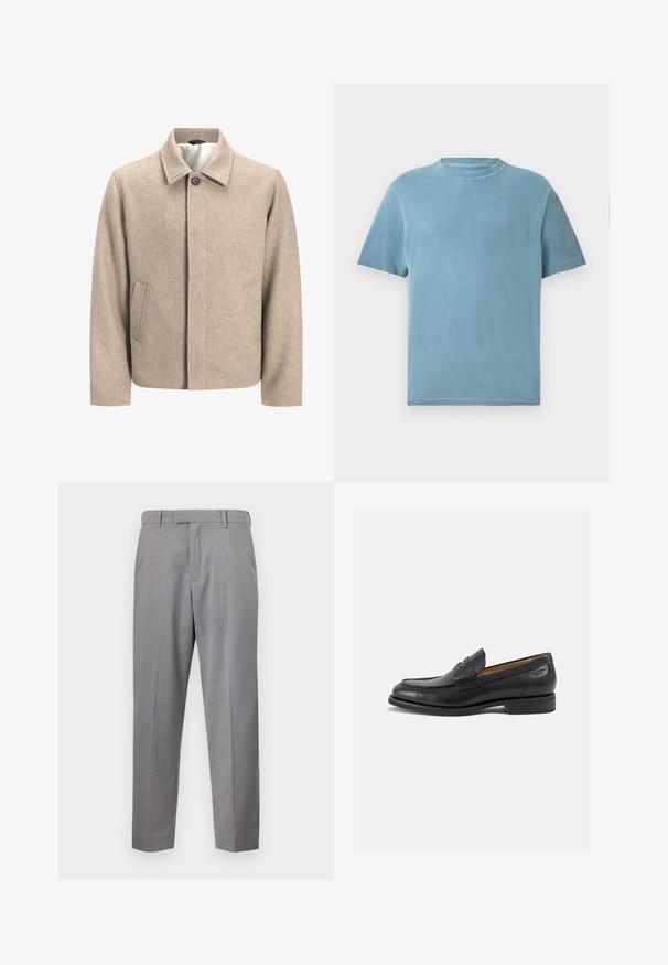 Beige wol jack met een enkele zwarte knop op de kraag, verborgen sluiting aan de voorkant en schuine zijzakken, gevoerd met lichte stof.; Korte mouwen, ronde hals t-shirt in lichtblauw katoen. De stof lijkt zacht met een gladde textuur en minimale stikdetails.; Grijze broek gemaakt van gestructureerde stof, met een rechte pijpdesign, voorvouwen en een standaard tailleband met riemlussen.; Zwarte leren loafers met een gladde afwerking, ronde neus en decoratieve stiksels op de wreef. Lage gestapelde hak en een lichte glans.
