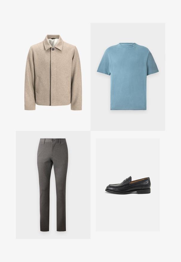 Veste en laine beige avec un seul bouton noir au col, fermeture frontale dissimulée et poches latérales en biais, doublée d'un tissu léger.; T-shirt à manches courtes et col rond en coton bleu clair. Le tissu semble doux avec une texture lisse et des coutures minimales.; Pantalons gris avec un tissu texturé, coupe droite, poches avant et une fermeture à bouton unique à la taille.; Mocassins en cuir noir avec une finition lisse, bout rond et coutures décoratives sur la tige. Talon bas empilé et léger brillant.