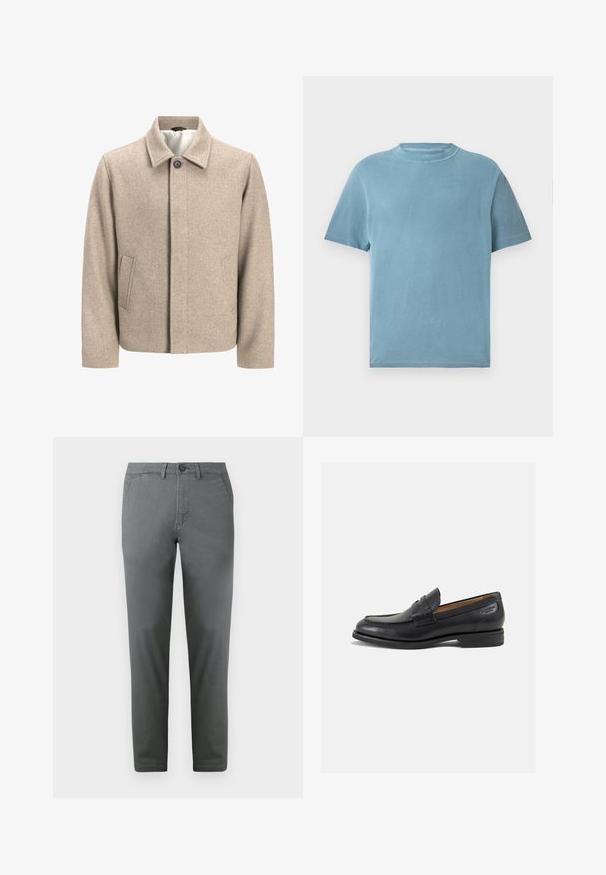 Beige wol jack met een enkele zwarte knop op de kraag, verborgen sluiting aan de voorkant en schuine zijzakken, gevoerd met lichte stof.; Korte mouwen, ronde hals t-shirt in lichtblauw katoen. De stof lijkt zacht met een gladde textuur en minimale stikdetails.; Grijze katoen chinos met een slim fit, voorzien van een voorste knoopsluiting, twee zijzakken en een gladde textuur. Elegante uitstraling.; Zwarte leren loafers met een gladde afwerking, ronde neus en decoratieve stiksels op de wreef. Lage gestapelde hak en een lichte glans.