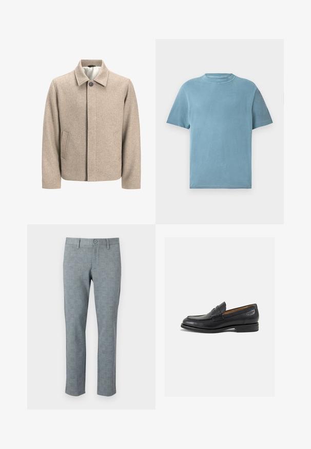 Beżowa wełniana kurtka z pojedynczym czarnym guzikiem przy kołnierzu, ukrytym zapięciem z przodu oraz skośnymi kieszeniami bocznymi, podszewka z jasnego materiału.; Koszulka z krótkim rękawem, okrągłym dekoltem w jasnoniebieskim kolorze, wykonana z bawełny. Materiał wydaje się miękki, ma gładką teksturę i minimalne detale szycia.; Szare spodnie teksturowane z delikatnym wzorem w kratę. Posiadają zapięcie na guzik i prostą nogawkę, wykonane z lekkiego materiału.; Czarne skórzane mokasyny o gładkim wykończeniu, zaokrąglonym nosku i dekoracyjnym przeszyciu na cholewce. Niski, warstwowy obcas i delikatny połysk.