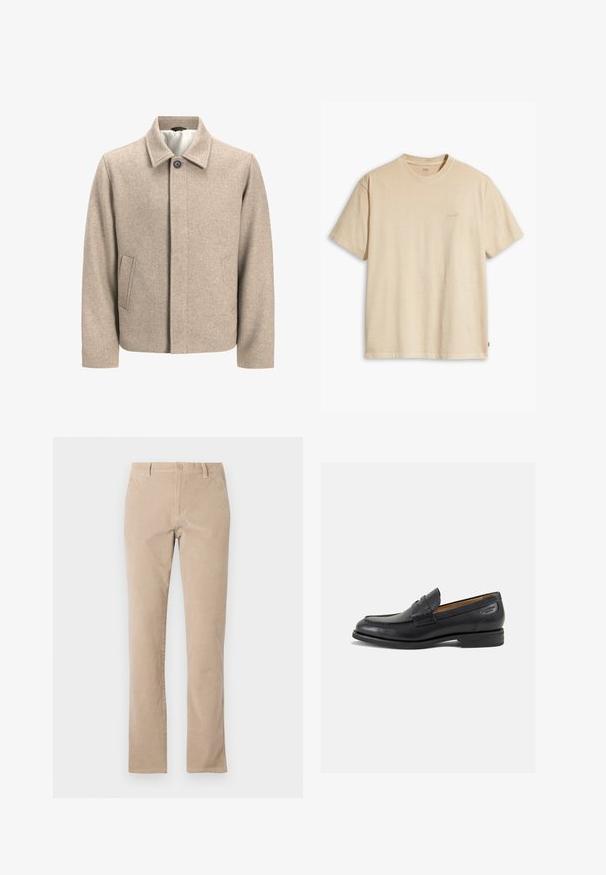 Bežna volnena jakna s enim črnim gumbom pri ovratniku, skrito sprednje zapiranje in poševnimi stranskimi žepi, podložena z lahkotno tkanino.; Bež majica s kratkimi rokavi iz bombaža z okroglim izrezom. Na prsih ima subtilen logotip "Levi's" v isti barvi. Mehka tekstura.; Bež hlače iz bombažnega kordura s ravno nogavico, ki imajo gumb za zapiranje, pet žepov in gladko teksturo.; Črne usnjene loafers cipele z gladko površino, zaobljenim nosom in dekorativnim šivom na vampu. Nizek zloženi peti in rahla sijaj.