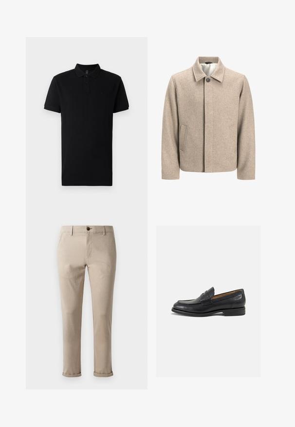 Šviesiai rudos vilnos švarkas su viena juoda kniedėle ant apykaklės, paslėptu priekiu ir šoninėmis kišenėmis, išklotas šviesiu audiniu.; Juodas polo marškinėliai, pagaminti iš medvilnės, su apykakle, dviem mygtukais ir trumpomis rankovėmis. Minimalistinis dizainas su subtiliu logotipo detaliu.; Jack & Jones JPSTMARCO FURY - Chino stiliaus kelnės - atmosphere; Juodi odiniai loafersai su lygiu paviršiumi, apvaliu pirštu ir dekoratyvine siūlė viršuje. Žemas sustiprintas kulnas ir lengvas blizgesys.