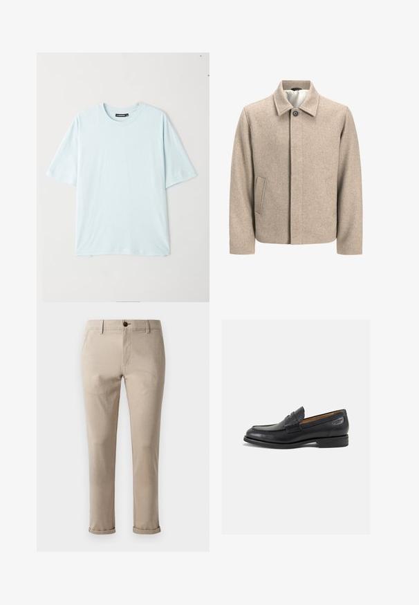 Beige wol jack met een enkele zwarte knop op de kraag, verborgen sluiting aan de voorkant en schuine zijzakken, gevoerd met lichte stof.; Lichtblauwe t-shirt met korte mouwen en een ronde hals, gemaakt van een zachte stof. Heeft een comfortabele pasvorm en een gladde textuur zonder patronen of accenten.; Jack & Jones Chino - atmosphere; Zwarte leren loafers met een gladde afwerking, ronde neus en decoratieve stiksels op de wreef. Lage gestapelde hak en een lichte glans.