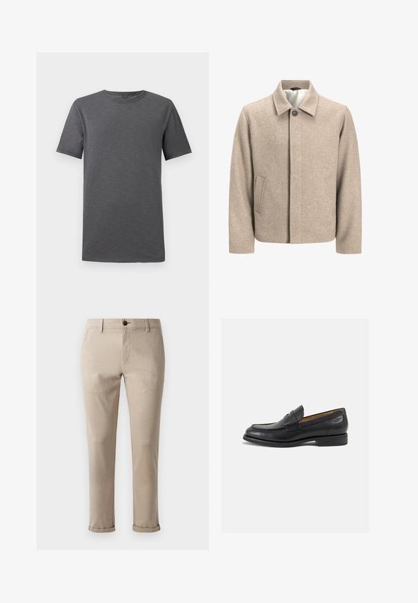 Béžový vlnený kabát s jedným čiernym gombíkom pri golieri, skrytým predným zapínaním a šikmými bočnými vreckami, podšitý svetlou tkaninou.; Šedé tričko s krátkym rukávom vystavené na bielom pozadí, s okrúhlym výstrihom a jednoduchým, neformálnym dizajnom.; Jack & Jones STMARCO FURY NOOS - Nohavice chinos - atmosphere; Čierne kožené mokasíny s hladkým povrchom, zaoblenou špičkou a dekoratívnym prešívaním na prednej časti. Nízky kokteilový opätok a jemný lesk.