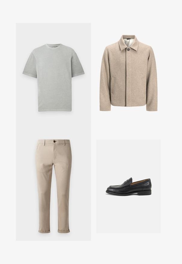 Beige wool jacket with a single black button at the collar, concealed front closure, and slanted side pockets, lined with light fabric.; Light gray t-shirt with short sleeves and a crew neck, displayed on a plain white background.; Jack & Jones JPSTMARCO FURY - Chinos - atmosphere; Black leather loafers with a smooth finish, rounded toe, and decorative stitching on the vamp. Low stacked heel and slight shine.