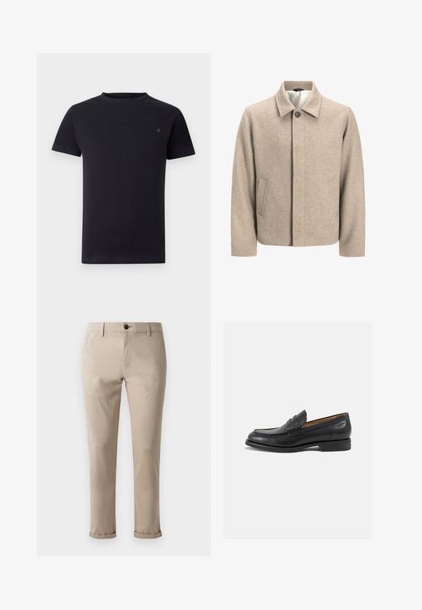 Beige wool jacket with a single black button at the collar, concealed front closure, and slanted side pockets, lined with light fabric.; Black short-sleeve crew neck t-shirt with small embroidered logo on the left chest, plain design, relaxed fit.; Jack & Jones JPSTMARCO FURY - Chinos - atmosphere; Black leather loafers with a smooth finish, rounded toe, and decorative stitching on the vamp. Low stacked heel and slight shine.