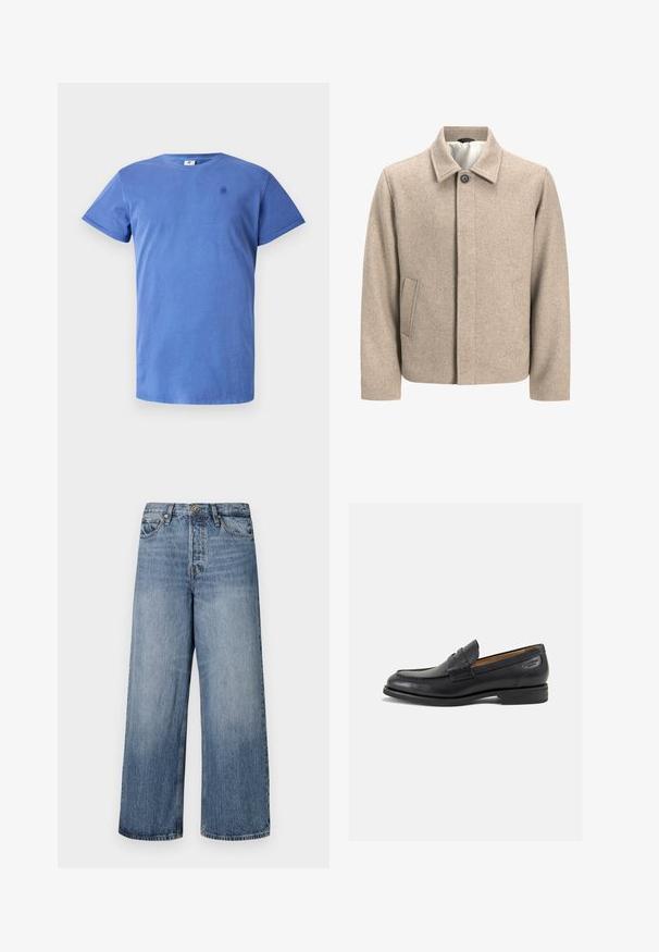 Béžový vlnený kabát s jedným čiernym gombíkom pri golieri, skrytým predným zapínaním a šikmými bočnými vreckami, podšitý svetlou tkaninou.; Modrá bavlnená tričko s okrúhlym výstrihom, krátkymi rukávmi a malým logom potlačeným na hrudi. Jednoduchý, klasický dizajn, hladká textúra.; Široké modré džínsy s vyblednutým umývaním, dizajnom s piatimi vreckami a zapínaním na gombík. S opaskovými pútkami a prešitými detailmi.; Čierne kožené mokasíny s hladkým povrchom, zaoblenou špičkou a dekoratívnym prešívaním na prednej časti. Nízky kokteilový opätok a jemný lesk.