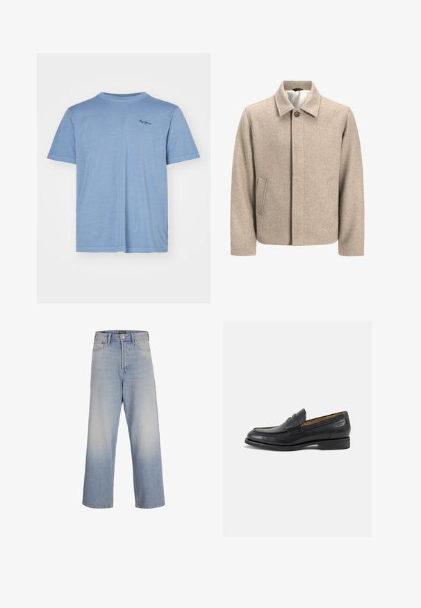 Beige ulljacka med en svart knapp vid kragen, dold framknäppning och snedställda sidofickor, fodrad med lätt tyg.; Ljusblå kortärmad T-shirt med rund hals, tillverkad av mjukt tyg, med en liten logotyp på övre vänster bröstområde.; Ljusblå vida jeans i denim, med hög midja, framfickor och en urtvättad effekt för en texturerad look.; Svarta läder loafers med en slät ytfinish, rund tå och dekorativ sömnad på vampen. Låg staplad klack och lätt glans.