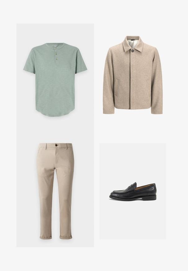 Kreem värvi villane jakk, millel on kaeluses üks must nööp, peidetud esine sulgemine ja kaldus küljetaskud, kaetud kerge kangaga.; Müntroheline lühikeste varrukatega henley-särk, mis on valmistatud pehmest kangast, omades ümmargust kaelust ja kolme nupuga läbilõiget ümarate servadega.; Jack & Jones JPSTMARCO FURY - Chino-püksid - atmosphere; Mustad mustad nahast loafers, sujuva viimistlusega, ümar sirge ja dekoratiivne tikand peal. Madal ja kergelt kuhjatud konts ning kerge läige.