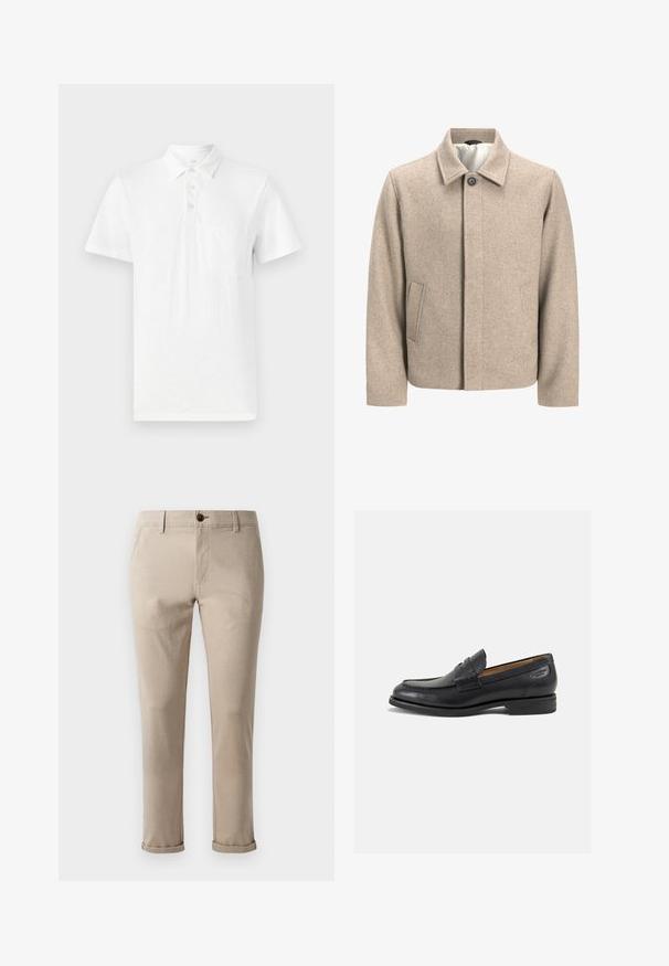 Beige Wolljacke mit einem einzelnen schwarzen Knopf am Kragen, verdecktem Frontverschluss und schrägen Seitentaschen, gefüttert mit einem leichten Stoff.; Weißes Kurzarm-Polohemd aus weichem Stoff. Mit einer Dreiknopf-Leiste und einer Brusttasche auf der linken Seite.; Jack & Jones JPSTMARCO FURY - Chino - atmosphere; Schwarze Leder Slipper mit glatter Oberfläche, runder Spitze und dekorativer Naht auf dem Vorderblatt. Niedriger Blockabsatz und leichter Glanz.