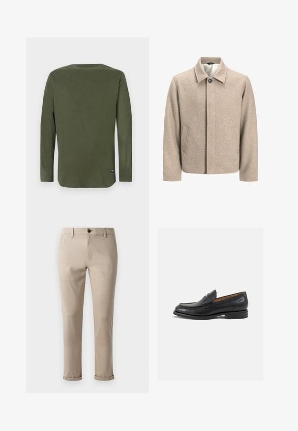 Beige Wolljacke mit einem einzelnen schwarzen Knopf am Kragen, verdecktem Frontverschluss und schrägen Seitentaschen, gefüttert mit einem leichten Stoff.; Langärmliges, olivgrünes Rundhalsoberteil mit einem kleinen schwarzen Etikett nahe dem unteren Saum auf einem schlichten weißen Hintergrund.; Jack & Jones JPSTMARCO FURY - Chino - atmosphere; Schwarze Leder Slipper mit glatter Oberfläche, runder Spitze und dekorativer Naht auf dem Vorderblatt. Niedriger Blockabsatz und leichter Glanz.