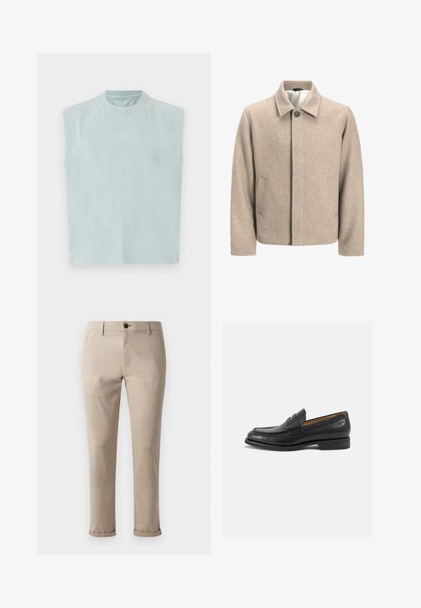 Beige wool jacket with a single black button at the collar, concealed front closure, and slanted side pockets, lined with light fabric.; Light blue sleeveless t-shirt with a rounded neckline, made of soft fabric, featuring a straight cut and minimalistic design.; Jack & Jones JPSTMARCO FURY - Chinos - atmosphere; Black leather loafers with a smooth finish, rounded toe, and decorative stitching on the vamp. Low stacked heel and slight shine.