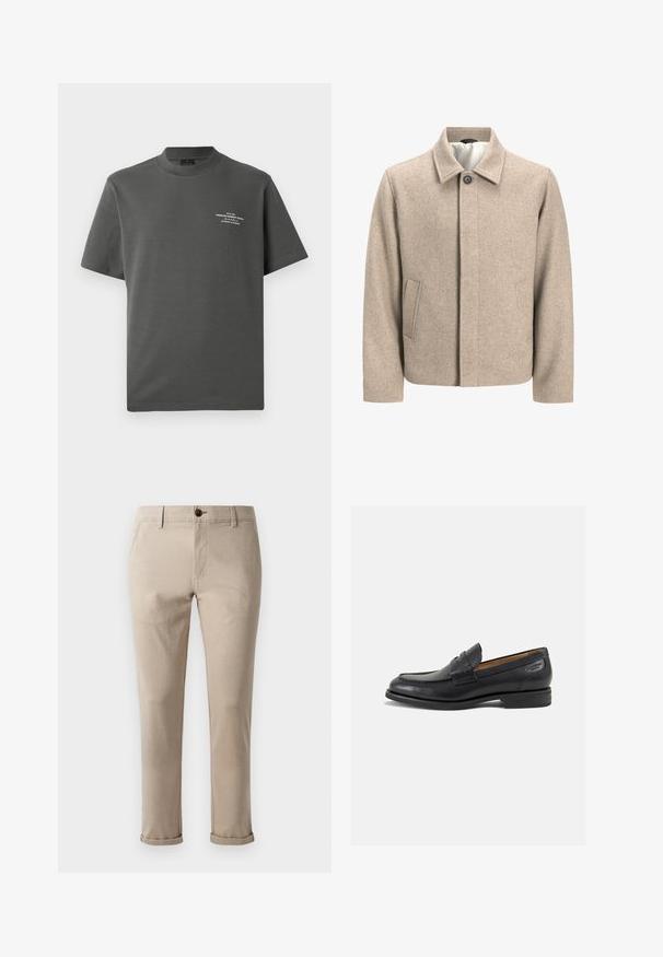 Beige villatakki, jossa on yksi musta nappi kauluksessa, piilotettu etusulku ja viistot sivutaskut, vuorattu kevyellä kankaalla.; Jack & Jones PREMIUM JPRBLACHAD BRANDING CREW NECK TEE - Printtipaita - volcanic ash; Jack & Jones JPSTMARCO FURY - Chinot - atmosphere; Mustat nahkaloaferit, joissa on sileä pinta, pyöreä varvas ja koristeompeleet varpaansuojassa. Matala pinottu korko ja hieno kiilto.