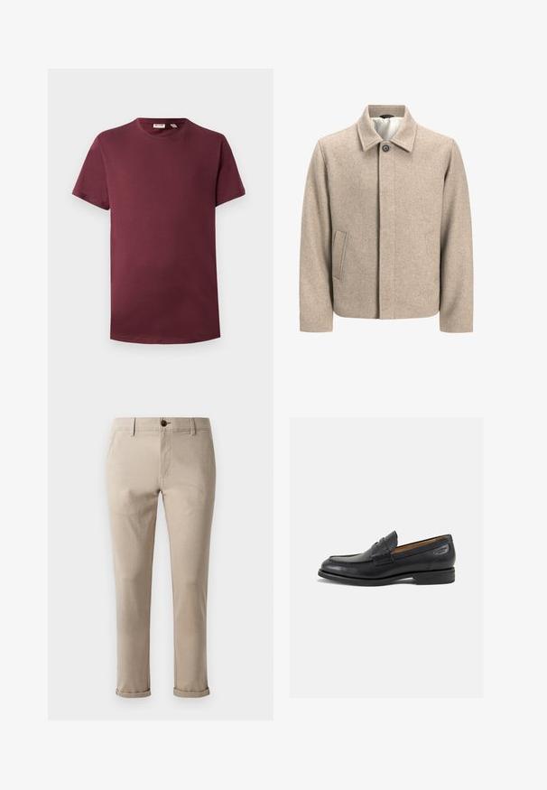 Giacca di lana beige con un singolo bottone nero al colletto, chiusura frontale nascosta e tasche laterali inclinate, foderata con tessuto leggero.; T-shirt bordeaux a girocollo in cotone morbido, maniche corte, vestibilità classica, presenta un orlo dritto senza motivi o dettagli in metallo.; Jack & Jones STMARCO FURY NOOS - Chino - atmosphere; Mocassini in pelle nera con finitura liscia, punta arrotondata e cuciture decorative sulla tomaia. Tacco basso impilato e leggero lucido.