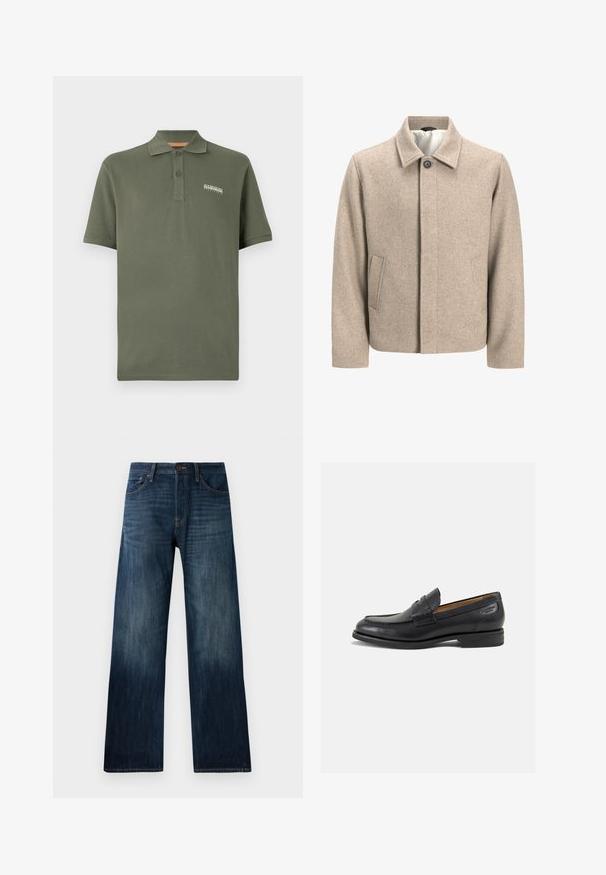 Beige uldjakke med en enkelt sort knap ved kraven, skjult frontlukning og skrå sidelommer, foret med let stof.; Olivengrøn bomulds polo-skjorte med en tre-knaps placket, korte ærmer og en lille logo detalje på brystet. Blød tekstur, klassisk pasform.; Mørkeblå denimjeans med lige ben, der har en let tekstur, bæltestropper og en klassisk fem-lomme stil.; Sorte læder loafers med en glat finish, rund tå og dekorativ syning på vampen. Lav stablet hæl og let glans.