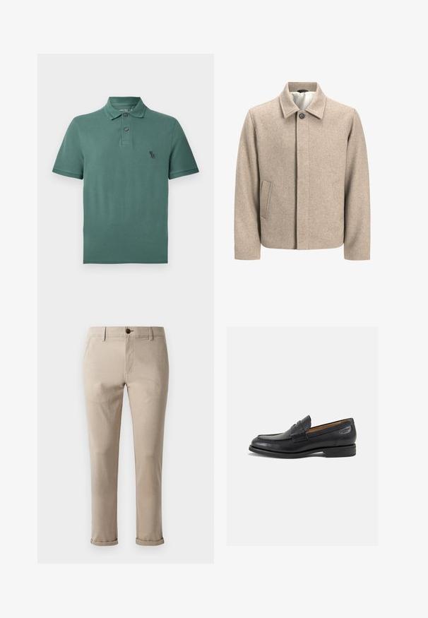 Beige uldjakke med en enkelt sort knap ved kraven, skjult frontlukning og skrå sidelommer, foret med let stof.; Grøn bomulds polo skjorte med krave, to knapper og et lille sort logo på brystet. Korte ærmer og lige kant.; Jack & Jones JPSTMARCO FURY - Chino - atmosphere; Sorte læder loafers med en glat finish, rund tå og dekorativ syning på vampen. Lav stablet hæl og let glans.