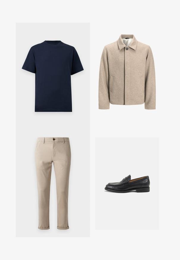 Beige ulljakke med en enkelt svart knapp ved kragen, skjult frontlukking og skrå sidelommer, foret med lett stoff.; Marinblå bomulls T-skjorte med rund hals, korte ermer og rett kant, med en jevn tekstur og uten synlige mønstre eller detaljer.; Jack & Jones JPSTMARCO FURY - Chinos - atmosphere; Sorte lær loafers med en glat overflade, rund tå og dekorativ syning på forfoden. Lav stablet hæl og let glans.