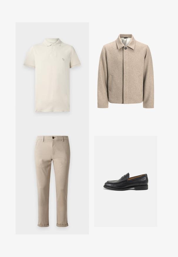 Bezs színű gyapjú dzseki egy fekete gombbal a gallérnál, rejtett elülső zárással és ferde oldalsó zsebekkel, világos szövettel bélelve.; Beige színű pólóing, pamutból készült, gallérral, rövid ujjal és egy kis hímzett logóval a mellkason. Puha tapintású, klasszikus szabással.; Jack & Jones JPSTMARCO FURY - Vászonnadrágok - atmosphere; Fekete bőr loaferek sima felülettel, lekerekített orral és díszítő varrással a lábfejen. Alacsony, réteges sarkú és enyhe fényű.