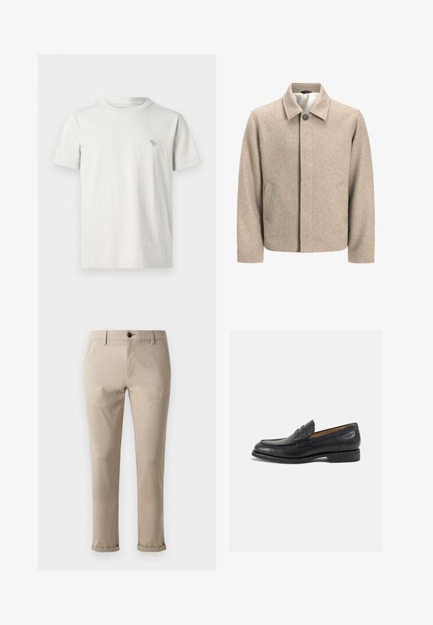 Šviesiai rudos vilnos švarkas su viena juoda kniedėle ant apykaklės, paslėptu priekiu ir šoninėmis kišenėmis, išklotas šviesiu audiniu.; Šviesiai smėlinio atspalvio trumpomis rankovėmis marškinėliai iš medvilnės, su mažu išsiuvinėtų elnio logotipu kairėje krūtinės pusėje. Apvalus kaklas, standartinio silueto.; Jack & Jones STMARCO FURY NOOS - Chino stiliaus kelnės - atmosphere; Juodi odiniai loafersai su lygiu paviršiumi, apvaliu pirštu ir dekoratyvine siūlė viršuje. Žemas sustiprintas kulnas ir lengvas blizgesys.