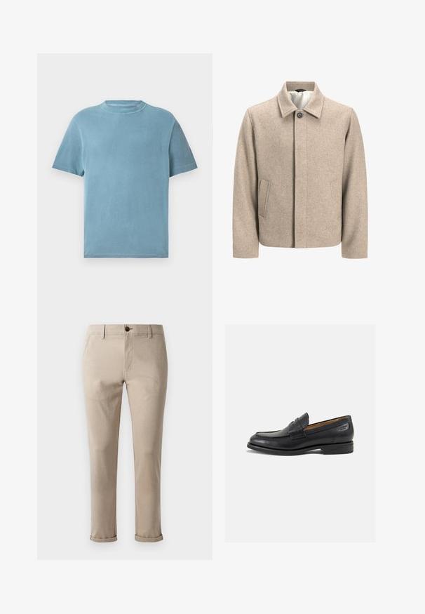 Šviesiai rudos vilnos švarkas su viena juoda kniedėle ant apykaklės, paslėptu priekiu ir šoninėmis kišenėmis, išklotas šviesiu audiniu.; Šviesiai mėlynas medvilninis marškinėliai trumpomis rankovėmis su apvalia iškirpte. Audinys atrodo minkštas, turi lygų paviršių ir minimalų siuvimo detalių kiekį.; Jack & Jones STMARCO FURY NOOS - Chino stiliaus kelnės - atmosphere; Juodi odiniai loafersai su lygiu paviršiumi, apvaliu pirštu ir dekoratyvine siūlė viršuje. Žemas sustiprintas kulnas ir lengvas blizgesys.