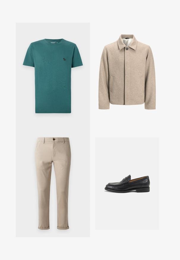 Beige uldjakke med en enkelt sort knap ved kraven, skjult frontlukning og skrå sidelommer, foret med let stof.; Kortærmet T-shirt med rund hals i teal bomuld. Har et lille sort logo på brystet og en glat, blød tekstur.; Jack & Jones JPSTMARCO FURY - Chino - atmosphere; Sorte læder loafers med en glat finish, rund tå og dekorativ syning på vampen. Lav stablet hæl og let glans.
