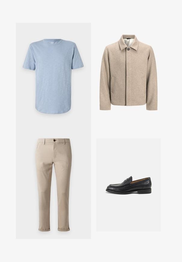 Beige wol jack met een enkele zwarte knop op de kraag, verborgen sluiting aan de voorkant en schuine zijzakken, gevoerd met lichte stof.; Lichtblauwe T-shirt met korte mouwen, gemaakt van zachte stof, met een ronde halslijn en een rechte zoom met een subtiele textuur.; Jack & Jones JPSTMARCO FURY - Chino - atmosphere; Zwarte leren loafers met een gladde afwerking, ronde neus en decoratieve stiksels op de wreef. Lage gestapelde hak en een lichte glans.