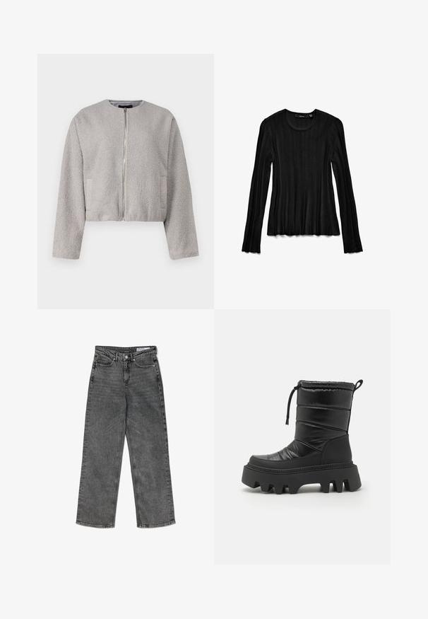 Pelēka īsa jaka, izgatavota no mīksta, teksturēta auduma, ar apaļu kakla izgriezumu, priekšējo rāvējslēdzēju un divām sānu kabatām.; Melnas garām piedurknēm tops, kas izgatavots no ribota auduma. Tam ir apaļa kakla izgriezums un teksturēts dizains ar izplestām piedurknēm. Viegls un pieguļošs stils.; Augstas jostas melni izbalējuši taisni džinsi ar priekšējām kabatām, jostas cilpiņām, pogu aizdari un ar zīmola iekšējo jostasvietas etiķeti.; Melni polsterēti potītes zābaki ar pārklātu tekstūru, izturīga masīva gumijas zole, regulējams auklas stiprinājums augšā un izteikta saķeres raksts.