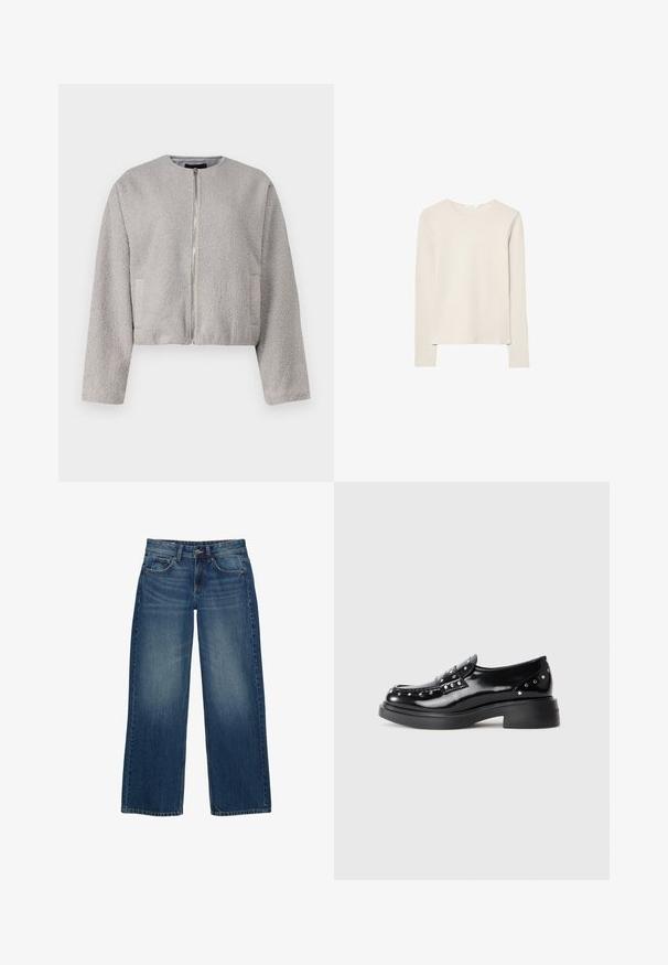 Šedá zkrácená bunda vyrobená z měkké, texturované tkaniny, s kulatým výstřihem, předním zipem a dvěma bočními kapsami.; Světle béžové tričko s dlouhým rukávem z měkké tkaniny, s kulatým výstřihem a uvolněným střihem s rovnými lemy a minimálními švy.; Široké modré džíny z denimu s vybledlým práním, pětivreckovým designem a kontrastním šitím. Zapínání na knoflík a zip.; Černé lakované kožené mokasíny se zdobnými stříbrnými nýty, kulatou špičkou, nízkým blokovým podpatkem a hladkým lesklým povrchem.