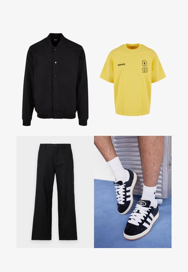 Melnā bomber jakas izgatavota no mīksta auduma bez apkakles dizaina, ar pogu aizdari un divām sānu kabatām. Iezīmē ribotas aproces un apakšmalu.; Dzeltena kokvilnas T-krekls ar apaļu kaklu un īsām piedurknēm, kurā ir melna drukāta teksta "Reternity" un numuru "18" ar dekoratīvu akcentu.; Melnas taisnās kājas bikses, izgatavotas no kokvilnas, ar pogu aizdari un jostu cilpām. Gluda tekstūra bez redzamām rakstzīmēm vai akcentiem.; Melni zamšaini sporta apavi ar baltiem šņorēm un trim baltām svītrām. Iekļauj arī apaļu melnu logotipu uz mēles un gumijas zoli.