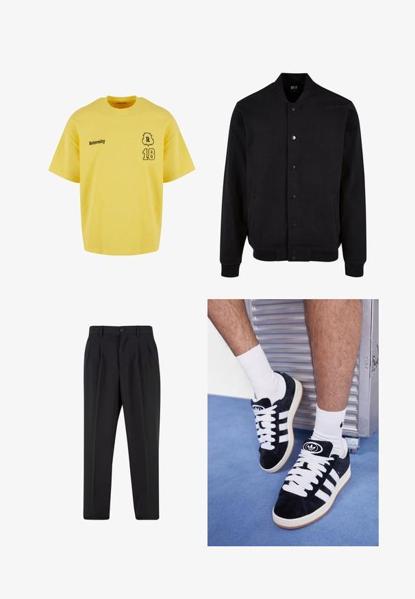 Must seest bomber-jakk, mis on valmistatud pehmest kangast, krae vaba disainiga, nupuluku ja kahe küljetaskuga. Omab ribakudumisega mansette ja alläärt.; Kollane puuvillane T-särk ümmarguse kaelusega, lühikeste varrukatega, millel on must trükitud tekst "Reternity" ja numbrid "18" dekoratiivse aktsendiga.; Mustad püksid, millel on voltidega eesmine disain, valmistatud siledast kangast. Omab nup closure ja vöökinnitusauke; sirge jalgade lõige.; Mustad nahkjalatsid valgete paelte ja kolme valge triibuga. Omab ümmargust musta logo keele peal ning kummist tallat.