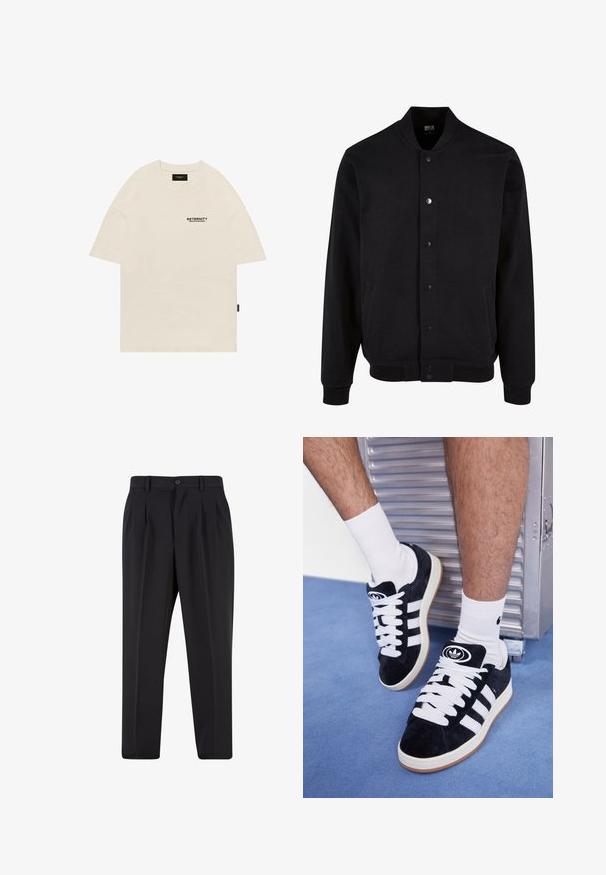 Jacket bomber neagră, fabricată dintr-un material moale, cu un design fără guler, închidere cu nasturi tip snap și două buzunare laterale. Prezintă manșete și tiv ribbed.; Tricou din bumbac bej, cu guler rotund, design supradimensionat și un logo negru imprimat pe pieptul stâng. Mâneci scurte cu tăietură dreaptă.; Pantaloni negri cu un design față plisată, fabricați dintr-un material neted. Prezintă un închidere cu nasture și brâuri; croială dreptă.; Adidași negri din suede cu șireturi albe și trei dungi albe. Au un logo circular negru pe limbă și o talpă din cauciuc de tip gumă.