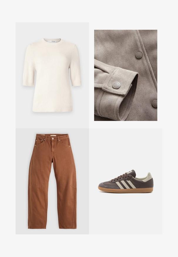 Šviesiai pilkas zomšinis švarkas, pasižymintis glotnia tekstūra, dviem didelėmis mygtukais ir sulankstyta rankove su siuvinėjimo detale pakraščiu.; Trumpas rankovėmis, apvaliu kaklu megztinis kreminės spalvos, su lygiu mezgimo raštu ir elasticiais rankogaliais bei apačia. Paprastas, lengvas dizainas.; Rudai rudi tiesūs džinsai su priekinėmis ir galinėmis kišenėmis, metaliniais kabliukais, mygtuko užsegimu ir diržo kilpomis, išdėstyti ant balto fono.; Rudos odinės sportinės bateliai su trimis šviesiomis juostelėmis, guminėmis apačiomis, apvaliu nosiu ir tekstūruotais zomšos akcentais ant kulno ir nosies.