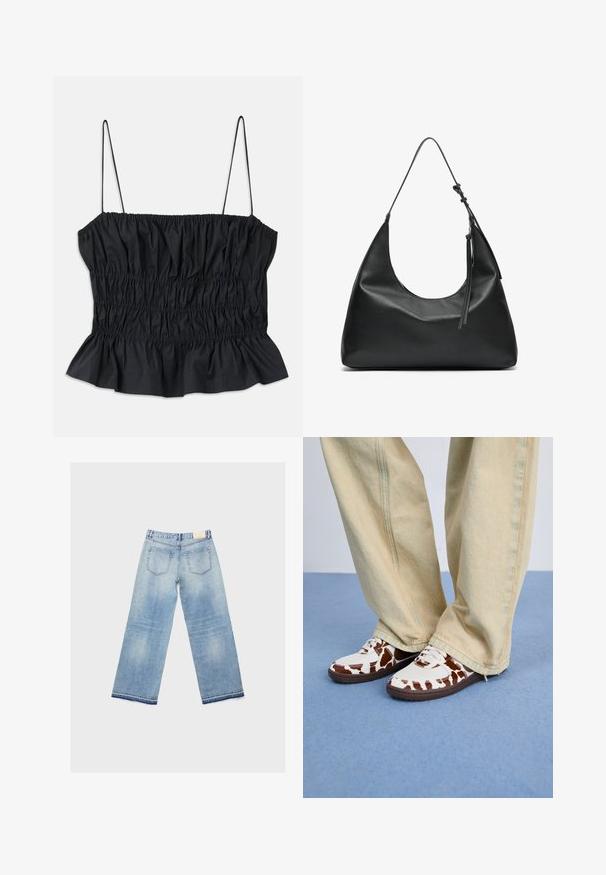 Brun ruskind blazer med en skarp krave, enkelt knaplukning, to forlommer og en glat inderside. Klassisk skræddersyet design.; Sort crop-top med elastisk ruching over det hele, tynde justerbare stropper og en flæseendig; lavet af et glat tekstil.; Lyseblå brede jeans med et falmet design, der har to baglommer og en syet kant. Lavet af denim.; Hvide og brune mønstrede sneakers i mesh og læder med brune gummisåler. Matchet med lyse beige bukser med vide ben.; Sort læder skuldertaske med en buet form, glat tekstur og en lang justerbar rem. Funktioner et subtilt knudedetalje og minimalistisk design.
