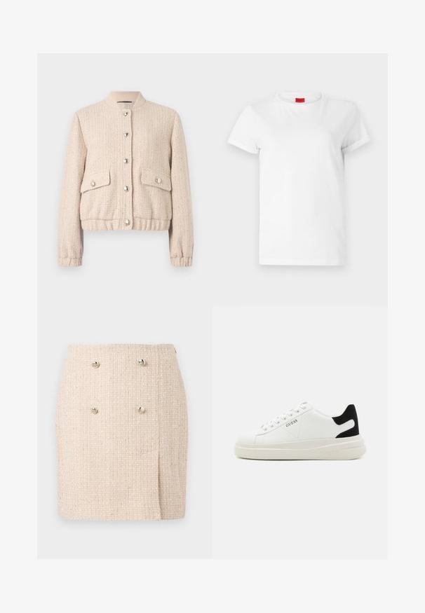 Kreemist tweedist bomber-jakk, millel on ümmargune ribitud krae, hõbedased nööbid, kaks eesmist taskut ning ribitud varrukaotsad ja alaosa.; Valge lühikeste varrukatega T-särk, mis on valmistatud kergest puuvillast. Omab ümmargust kaelust ja rullitud varrukaid. Kaelusel on punane logo sildike.; Beez värvi tekstuuriga seelik, millel on kudumise muster, esiosas kaks silmapaistvat hõbedast nööpi ja kerge ebaühtlane hem.; Valged nahast tennisetossud paksu valge tallaga, musta sametist kontsakeeuga ja külje peal riigilogo reljeefne kujundus. Lukkeskeem kuue silmaauguga.