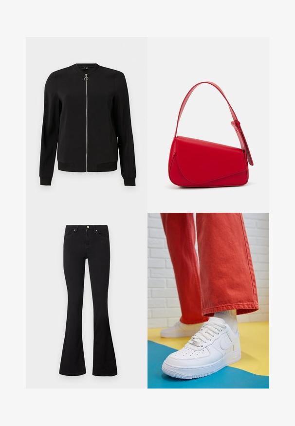 Chaqueta bomber negra hecha de una tela suave, con cremallera frontal, puños acanalados y bolsillos laterales. Diseño simple y minimalista sin patrones.; Camiseta sin mangas blanca de canalé con cuello redondeado y forma ajustada. Textura suave y sutil etiqueta de la marca en el cuello.; Jeans de tiro alto negros con piernas acampanadas, cierre delantero de botón y cremallera, y estilo de cinco bolsillos sobre un fondo blanco.; Zapatilla de cuero blanco con caja de dedos perforada, suela texturizada y cordones blancos, combinada con pantalones rojos amplios y un fondo azul y amarillo.; Bolso de cuero rojo con un diseño angular y geométrico. Cuenta con una única correa ajustable y un cierre de solapa con detalles de costura.