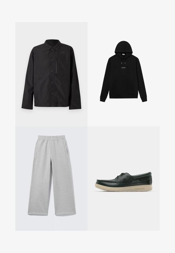 Čierna bunda na gombíky s golierom, dlhými rukávmi, náprsné zipsové vrecko a jemné logo na ľavej hrudi.; Čierna mikina z bavlnenej zmesi; má prednú vrecko, kapucňu so šnúrkami a na hrudi je umiestnený biely nápis "LES DEUX".; Svetlosivé bavlnené tepláky s elastickým pásom, dvoma bočnými vreckami a širokým strihom nohavíc. Mäkká textúra a jednoduché šitie.; Zelené kožené lodné topánky s zaoblenou špičkou, prešívaním, malými očkami a bielou gumovou podrážkou s logom Timberland.