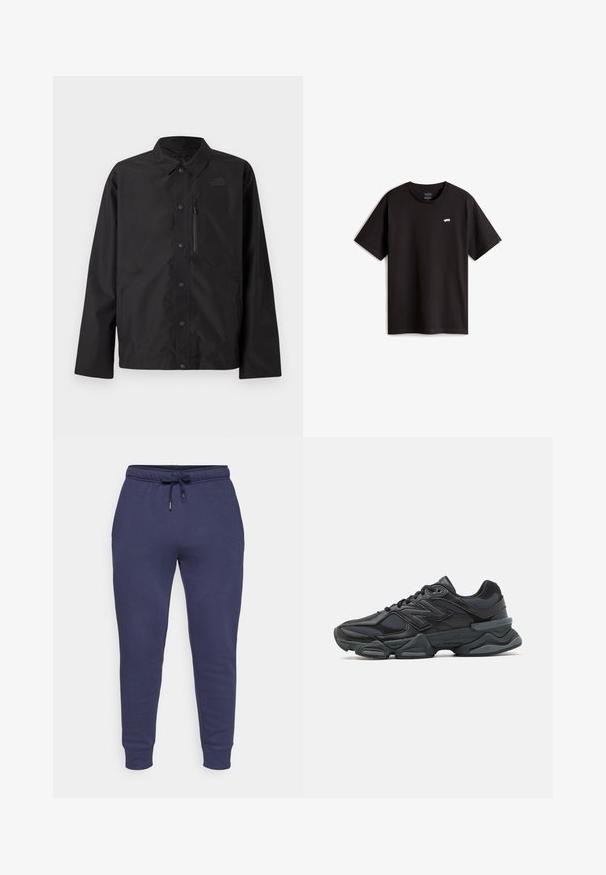 Černá košile s knoflíky a límečkem, dlouhými rukávy, zipovou kapsou na hrudi a decentním logem na levé straně hrudi.; Černé bavlněné tričko s krátkým rukávem a kulatým výstřihem. Na hrudi se nachází malé bílé logo skateboardu. Jednoduchý design a střih.; Námořnické modré tepláky s páskem na stažení, zúženými nohavicemi a žebrovanými manžetami. Měkká tkanina s minimem švů.; Černá běžecká bota s kombinací síťoviny a syntetických materiálů, masivní podešev, zakřivený design a výrazné logo na boku.