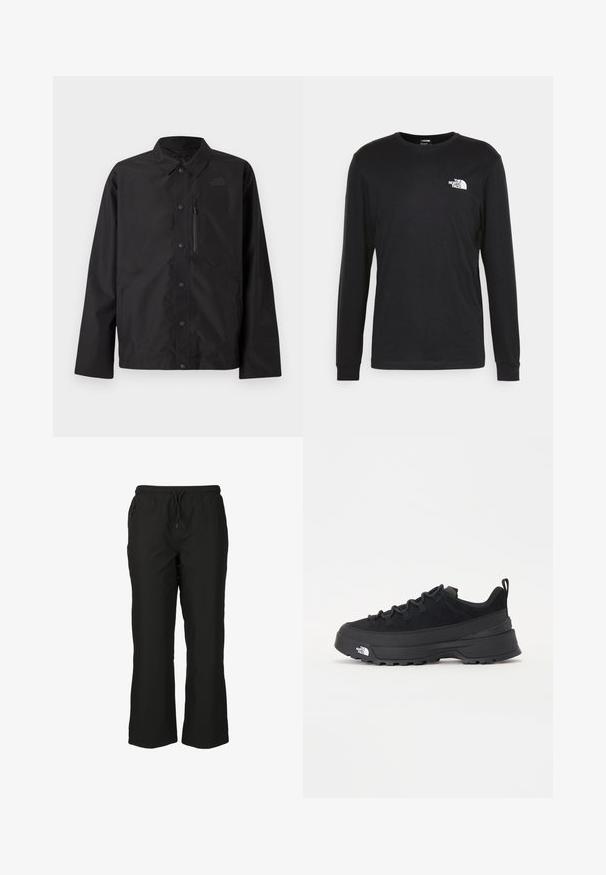 Svart knapp-jacka med krage, långa ärmar, bröstficka med dragkedja och subtil logotyp på vänster bröst.; Svart långärmad t-shirt i bomull med en vit logotyp på vänster bröst och ribbade ärmslut. Slät textur med rundad halsringning.; Svarta utomhusbyxor med dragsko i midjan, rak bendesign och två sidofickor. Tillverkade av lätt ochandningsbart tyg.; Svart utomhussko med ovandel i mocka, texturerad gummisula och robust snörningssystem. Har en förstärkt häl och varumärkeslogotyp på sidan.