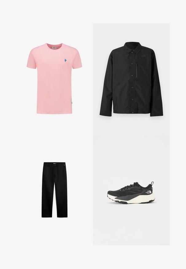 Černá košile s knoflíky a límečkem, dlouhými rukávy, zipovou kapsou na hrudi a decentním logem na levé straně hrudi.; Krátký rukáv tričko z měkké růžové bavlny s kulatým výstřihem. Na levé straně hrudi se nachází malé modré logo korálů. Hladká textura, ležérní design.; Černé bavlněné kalhoty rovného střihu se zipem vpředu a předními kapsami. Hladká textura, žádné viditelné vzory a minimální kovové prvky.; Černá sportovní bota s texturovaným síťovaným svrškem, solidními černými akcenty a bílou lehkou podrážkou. Vybavena šněrováním a poutkem.